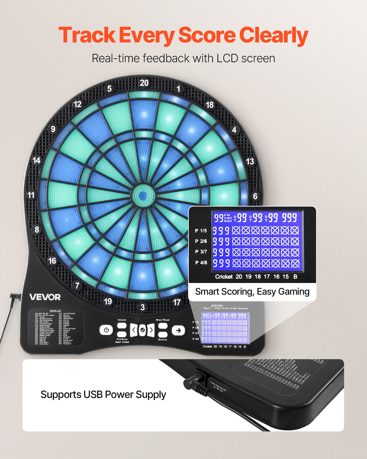 Electronic Dart Board, LED-Illuminated Target Dartboard with 48 Games