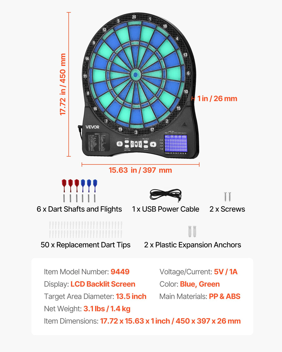Electronic Dart Board, LED-Illuminated Target Dartboard with 48 Games